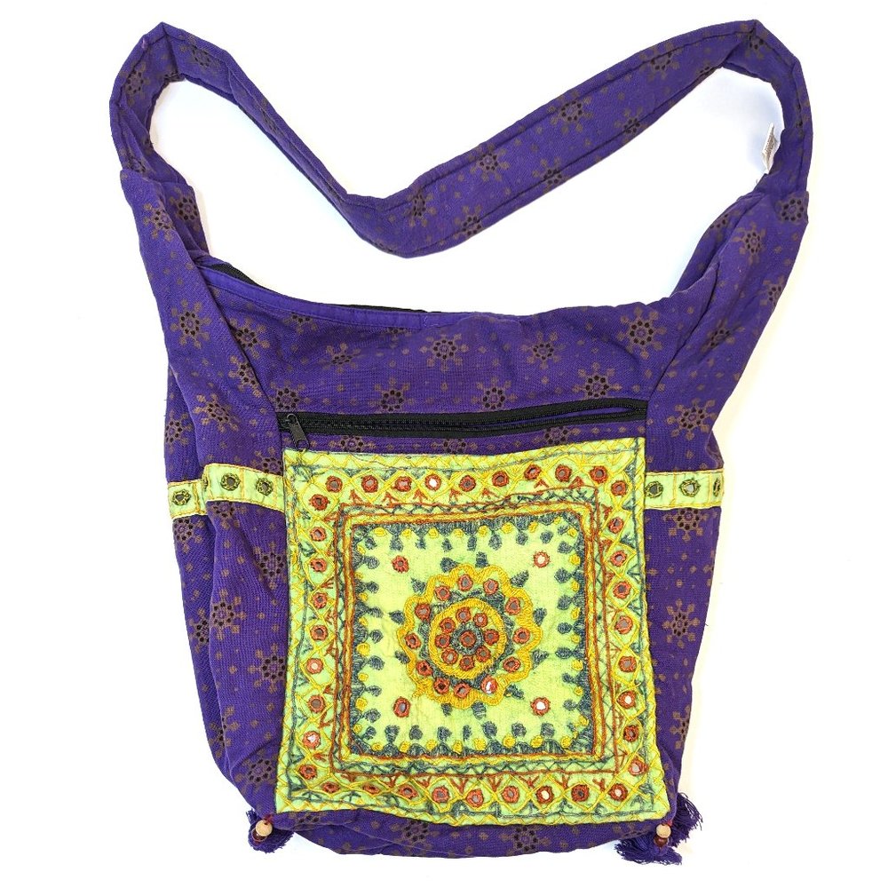 Magic Touch Corp Hobo Purple Crossbody Bag Embroidered Pattern Tassel Accents